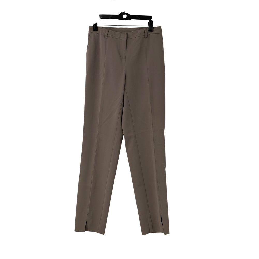 St. John Women's Taupe Straight Leg Tailored Trousers Flat Front Slit Hem Size 2